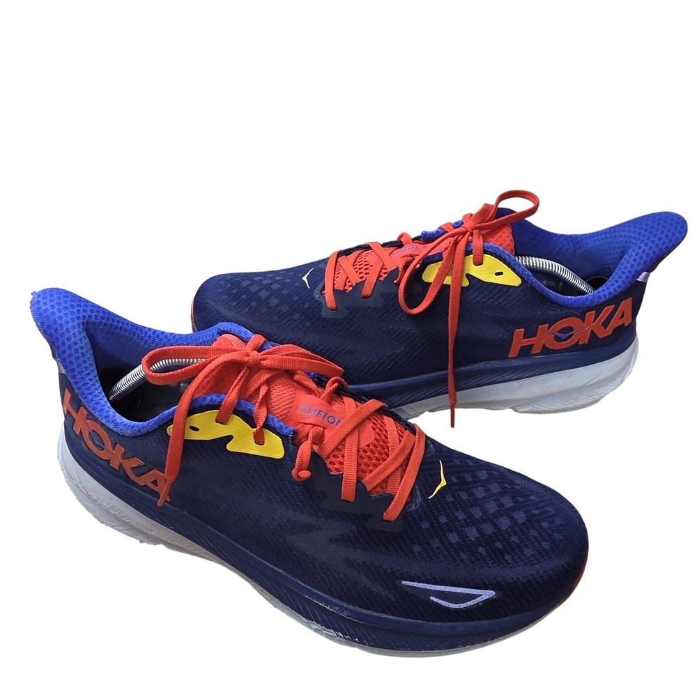 Hoka One One Clifton 9 Running Shoes Mens Size 11.5 Blue Red Cushioned Sneakers